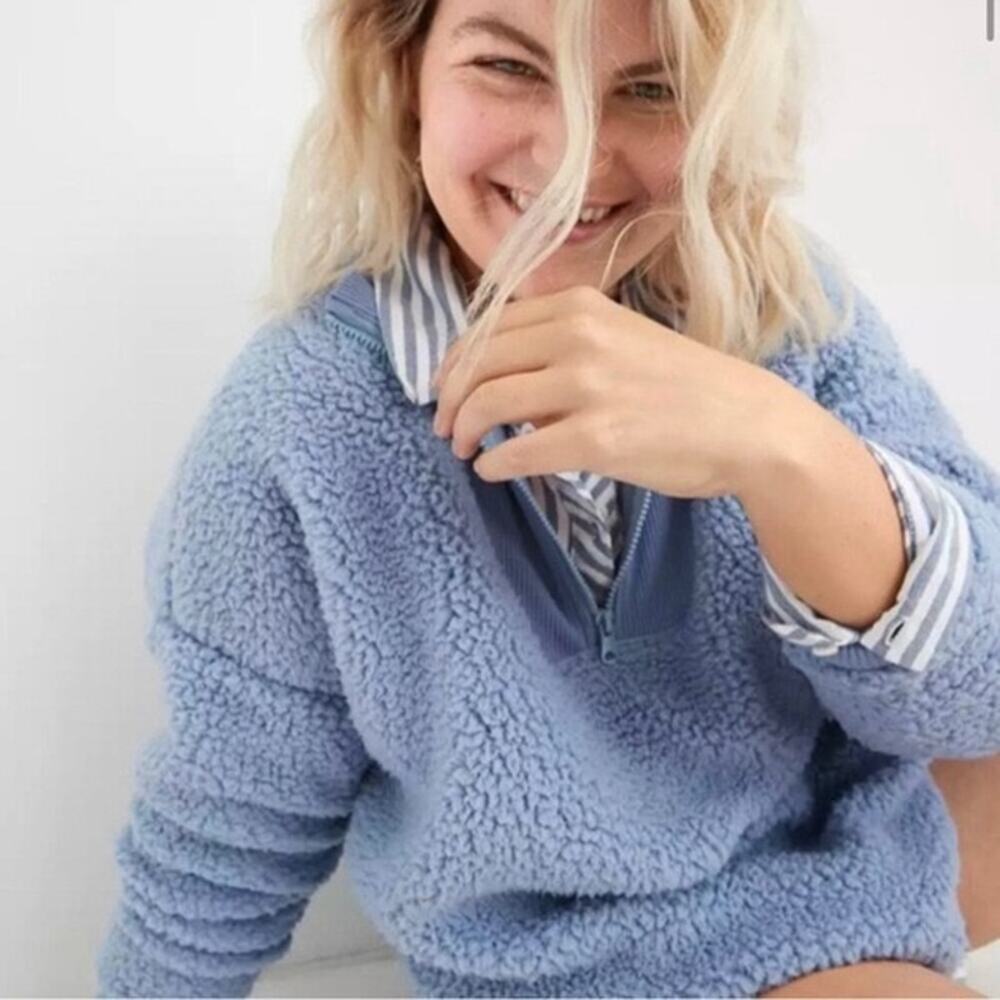 Aerie Dream Sherpa Quarter Zip Relaxed Fit Sweatshirt in Blue Size Large